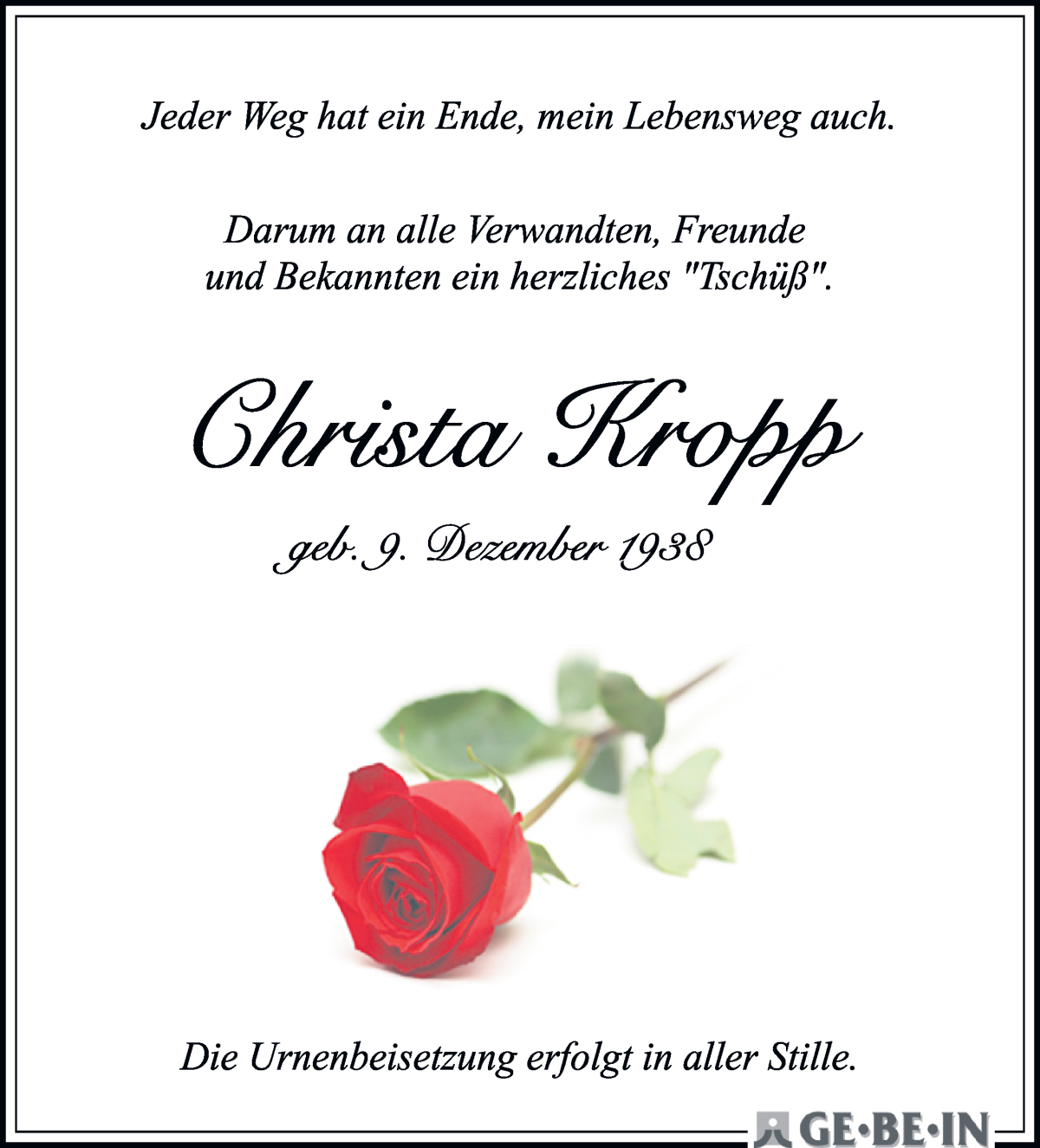 Traueranzeige von Christa Kropp von Osterholzer Kreisblatt