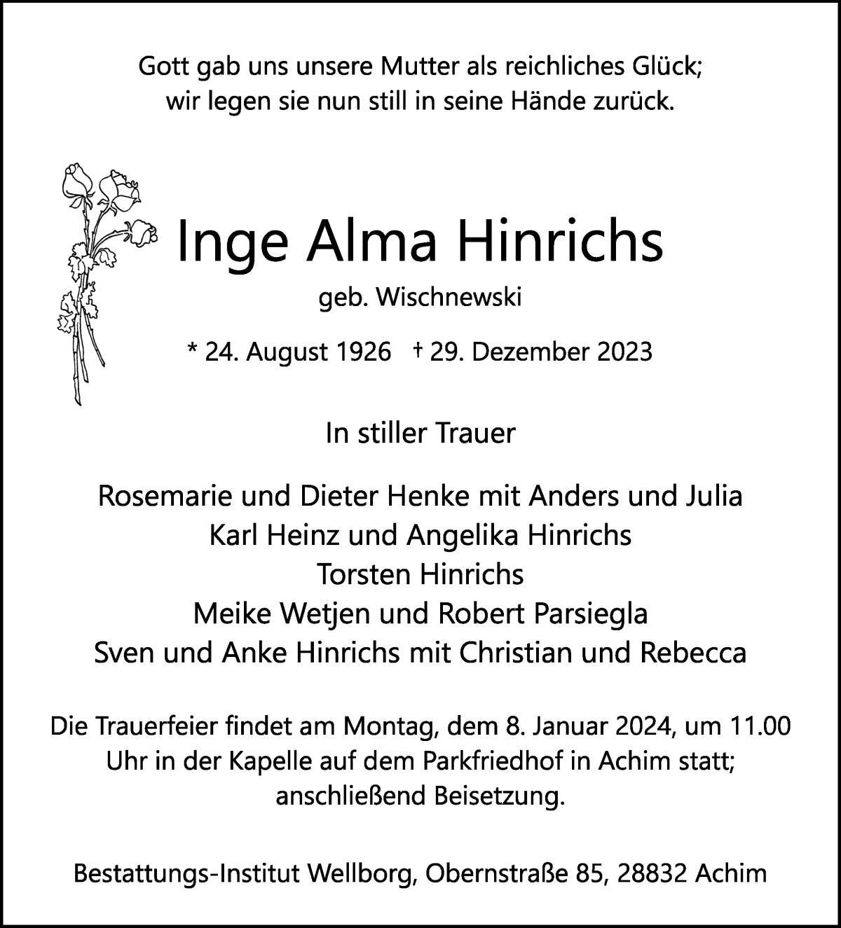 Traueranzeige von Inge Alma Hinrichs von WESER-KURIER