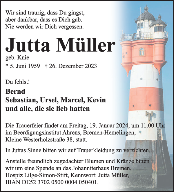 Traueranzeigen von Jutta Müller Trauer Gedenken