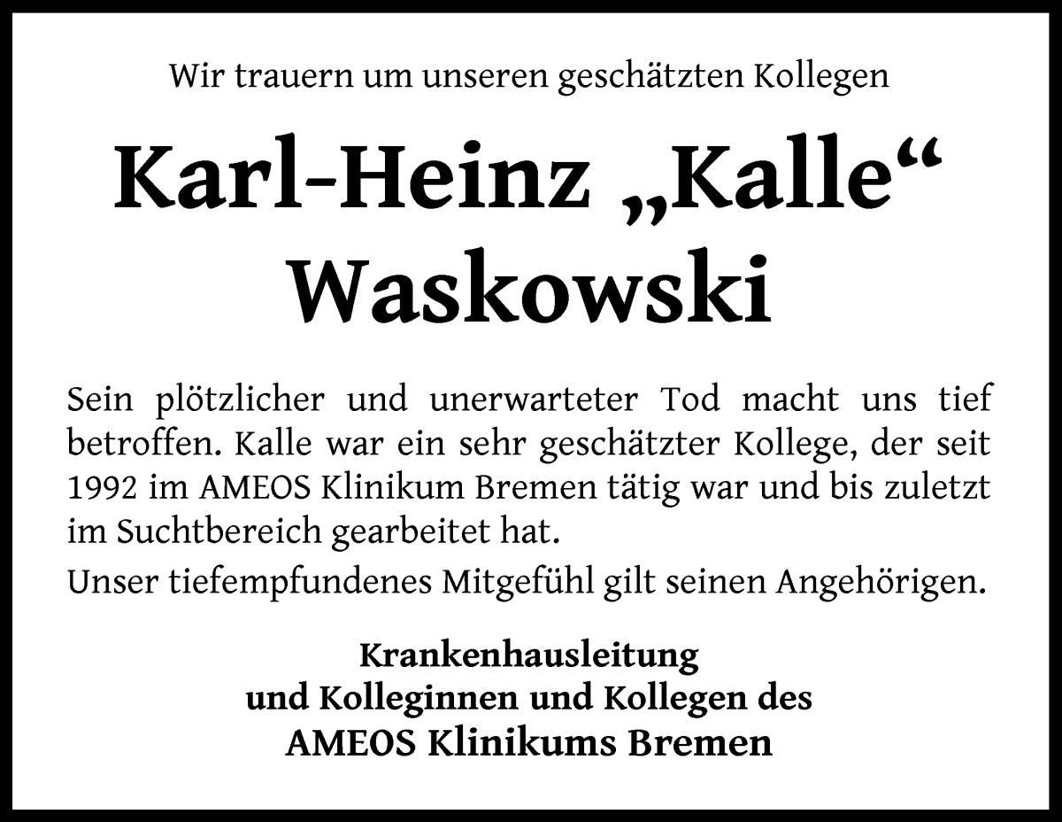 Traueranzeigen Von Karl Heinz Kalle Waskowski Trauer Gedenken