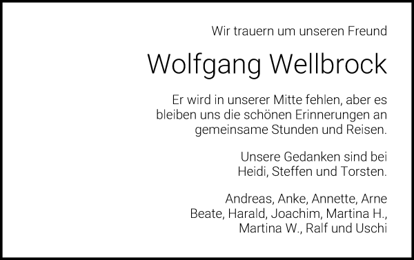 Traueranzeige von Wolfgang Wellbrock