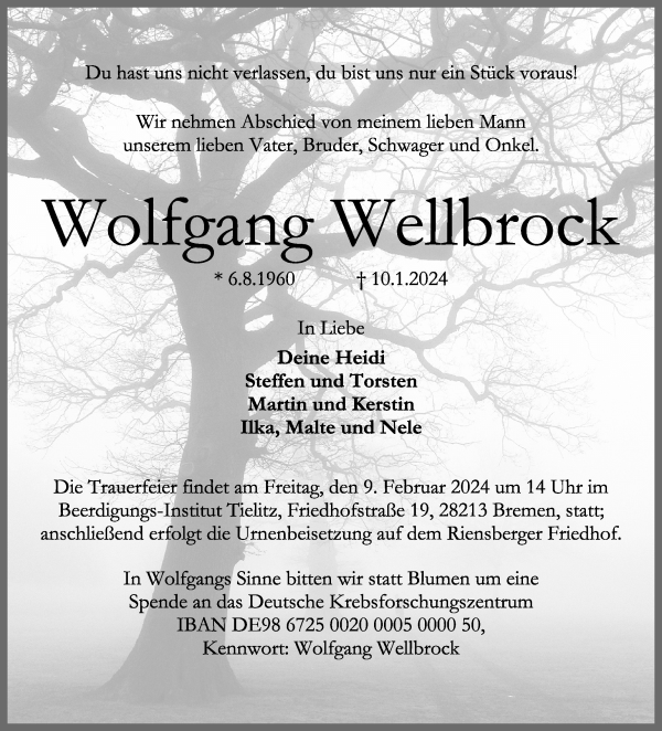 Traueranzeige von Wolfgang Wellbrock