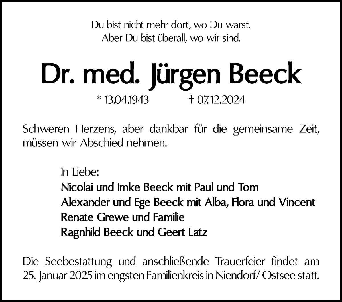 Traueranzeigen von Jürgen Beeck Trauer Gedenken