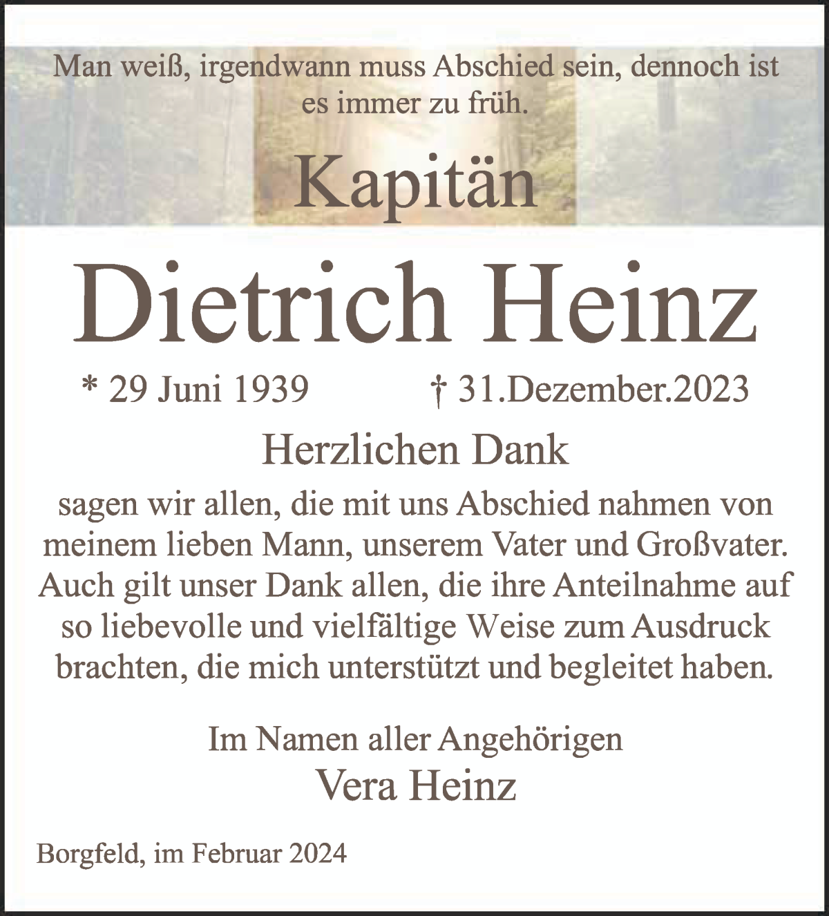 Traueranzeige von Dietrich Heinz von Wuemme Zeitung