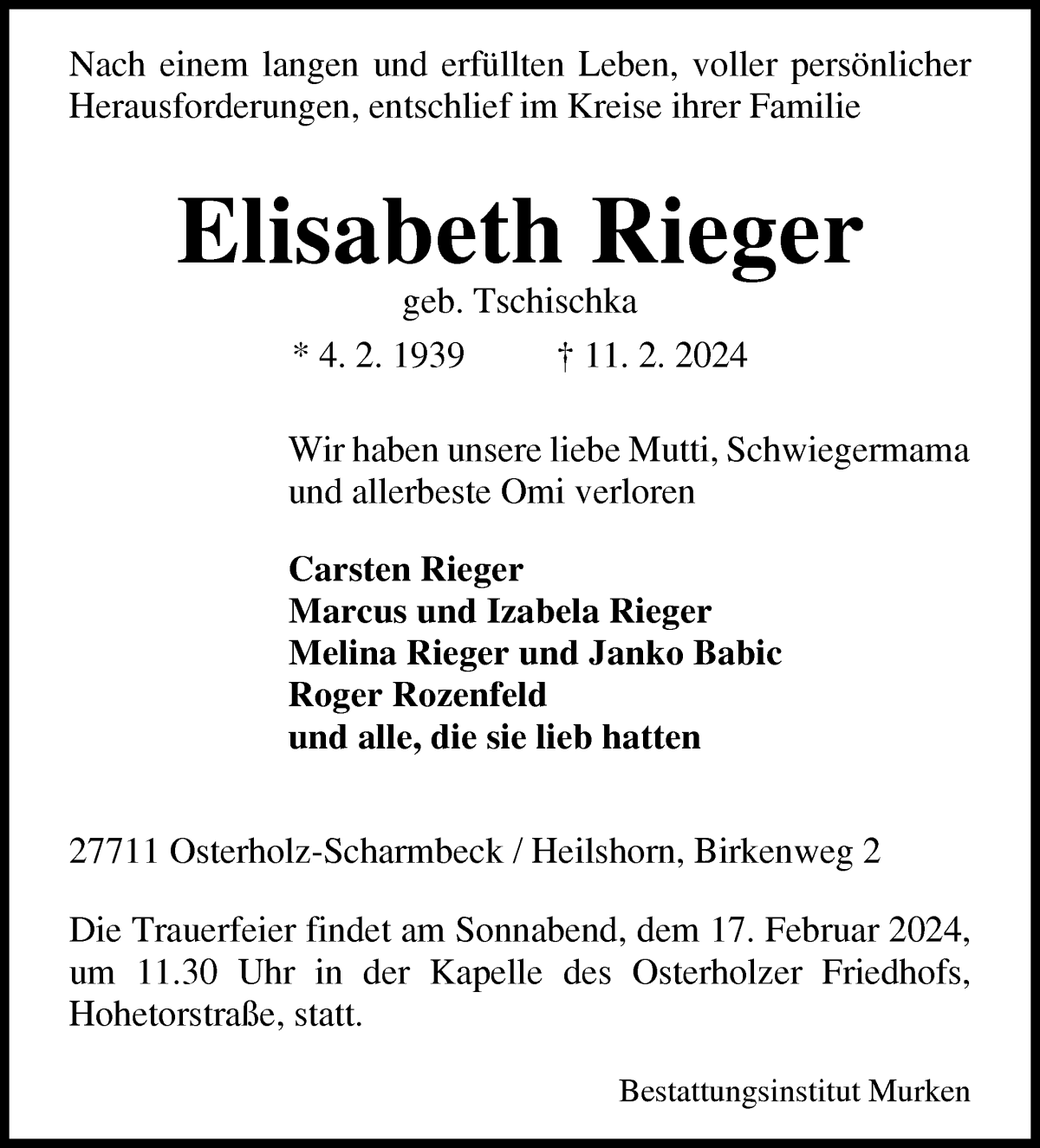 Traueranzeigen Von Elisabeth Rieger Trauer Gedenken