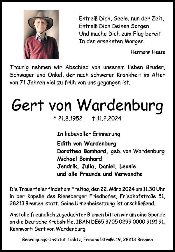 Traueranzeige von Gert von Wardenburg
