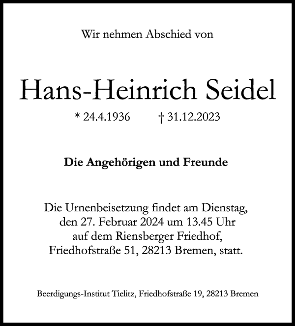 Traueranzeige von Hans-Heinrich Seidel