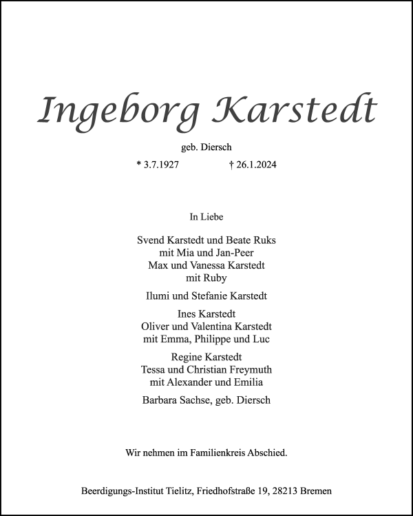 Traueranzeige von Ingeborg Karstedt 