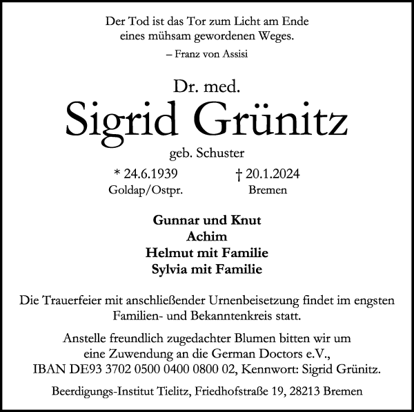 Traueranzeige von Sigrid Grünitz