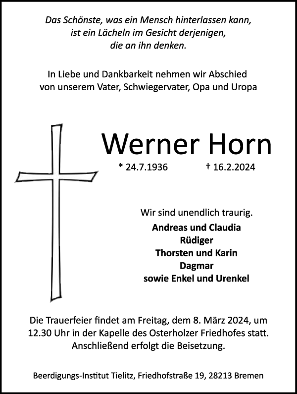 Traueranzeige von Werner Horn