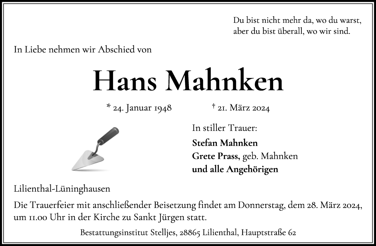 Traueranzeige von Hans Mahnken von Wuemme Zeitung