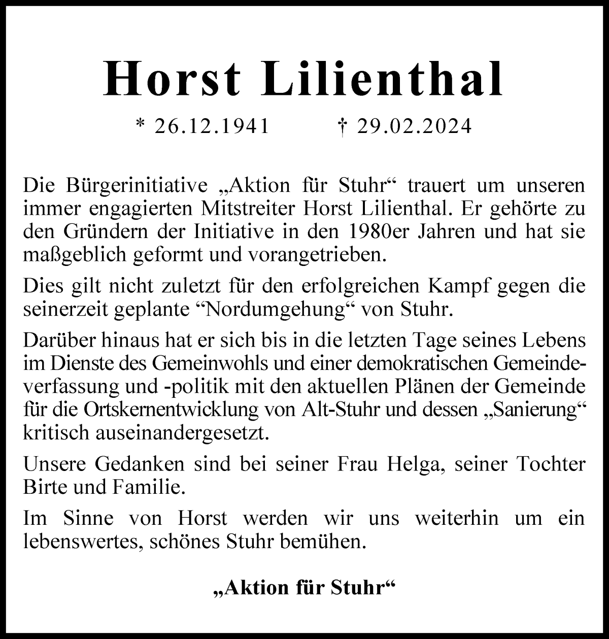 Traueranzeigen Von Horst Lilienthal Trauer Gedenken