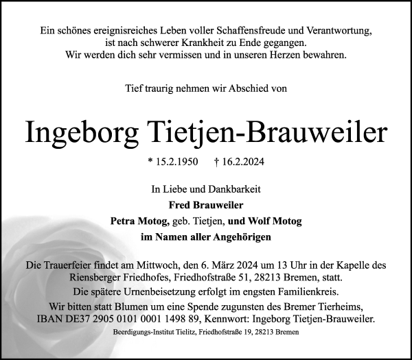 Traueranzeige von Ingeborg Tietjen-Brauweiler