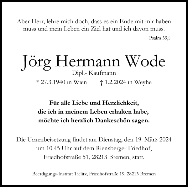 Traueranzeige von Jörg Hermann Wode