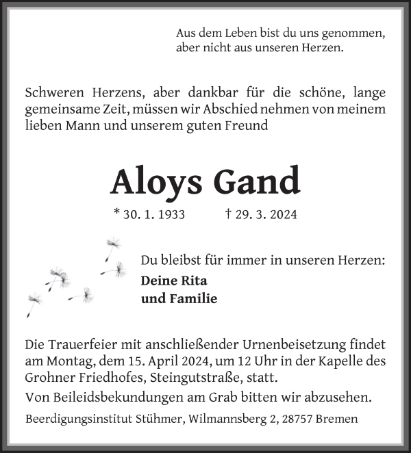 Traueranzeige von Aloys Gand von Die Norddeutsche