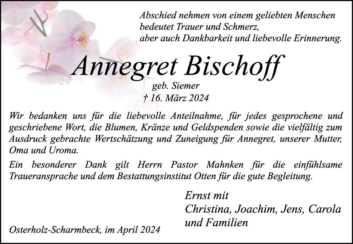 Traueranzeige von Annegret Bischoff von Osterholzer Kreisblatt