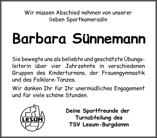 Traueranzeige von Barbara Sünnemann
