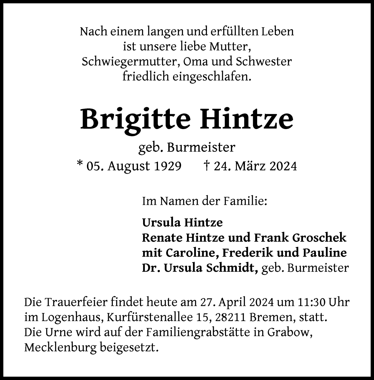 Traueranzeige von Brigitte Hintze von WESER-KURIER