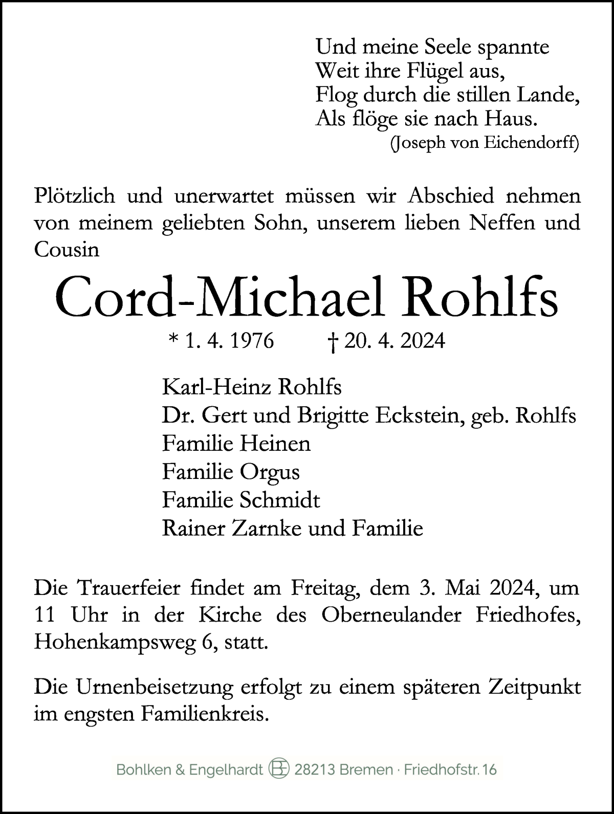 Traueranzeige von Cord-Michael Rohlfs von WESER-KURIER