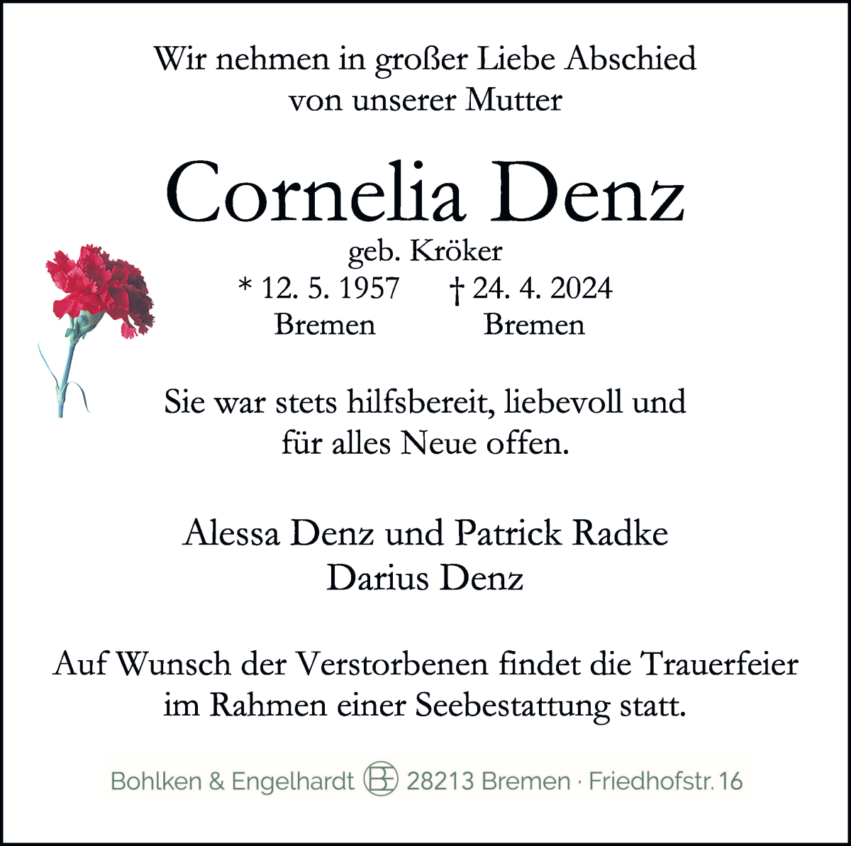Traueranzeige von Cornelia Denz von WESER-KURIER