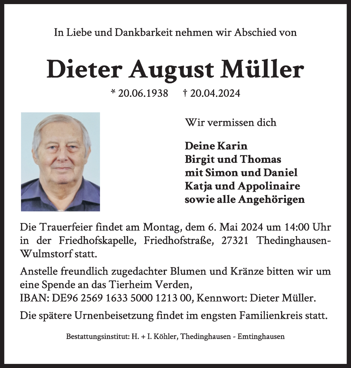 Traueranzeige von Dieter Müller von Achimer Kurier/Verdener Nachrichten