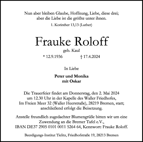 Traueranzeige von Frauke Roloff von WESER-KURIER