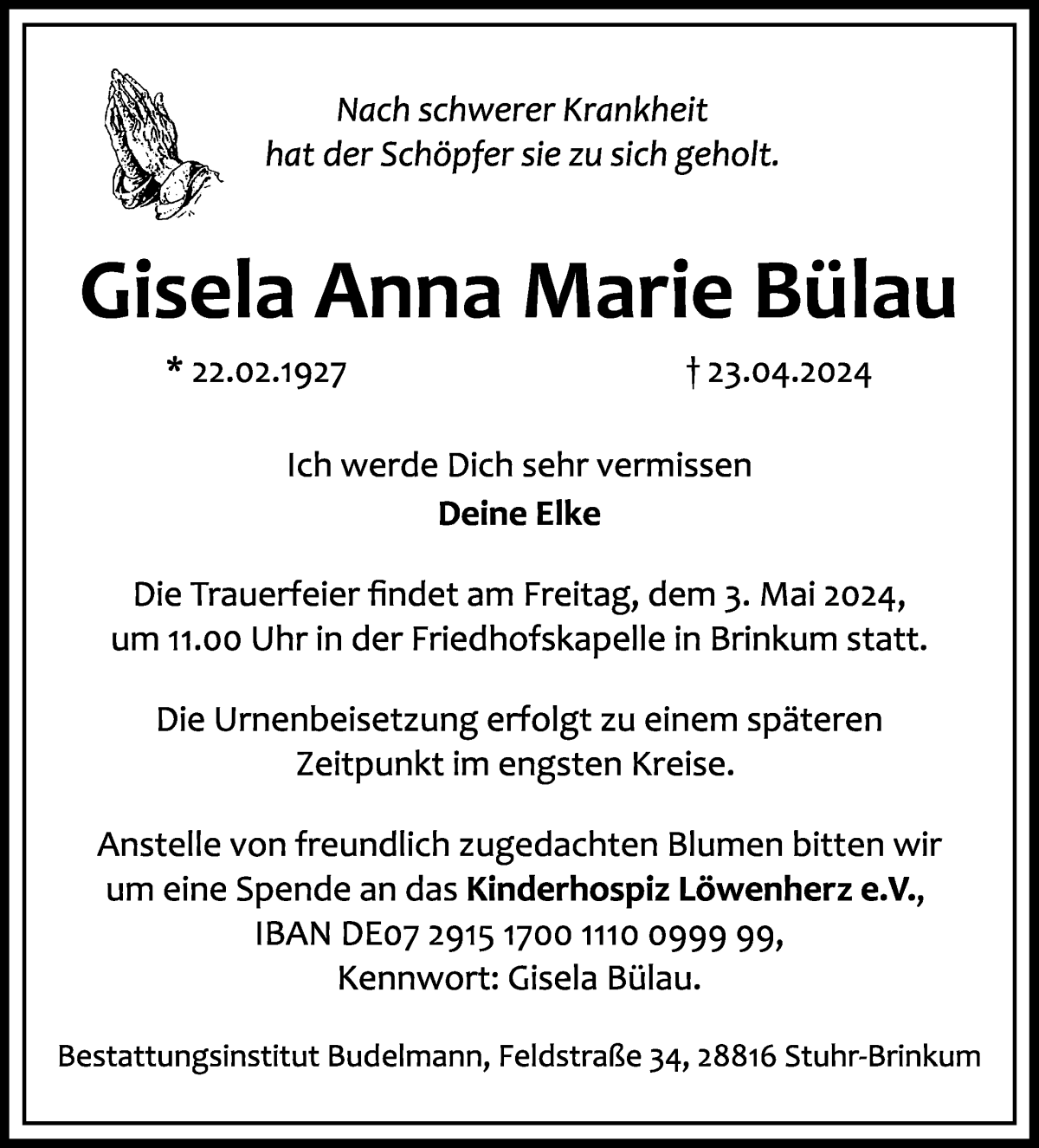 Traueranzeige von Gisela Anna Marie Bülau von WESER-KURIER