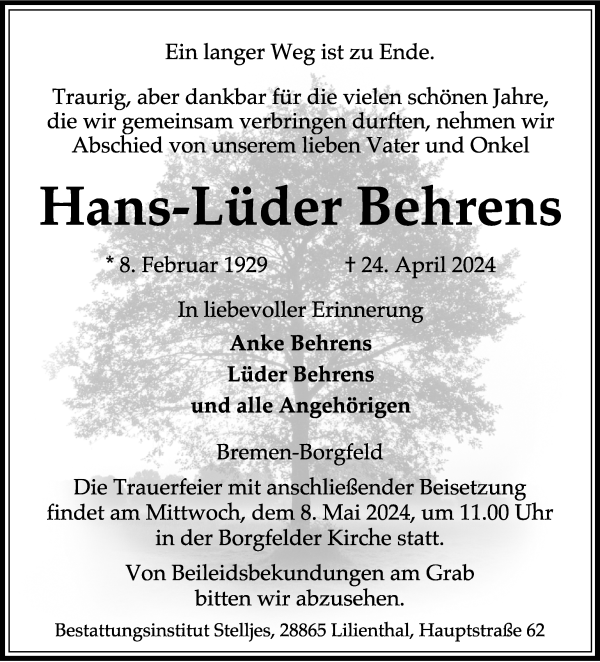 Traueranzeige von Hans-Lüder Behrens von Wuemme Zeitung