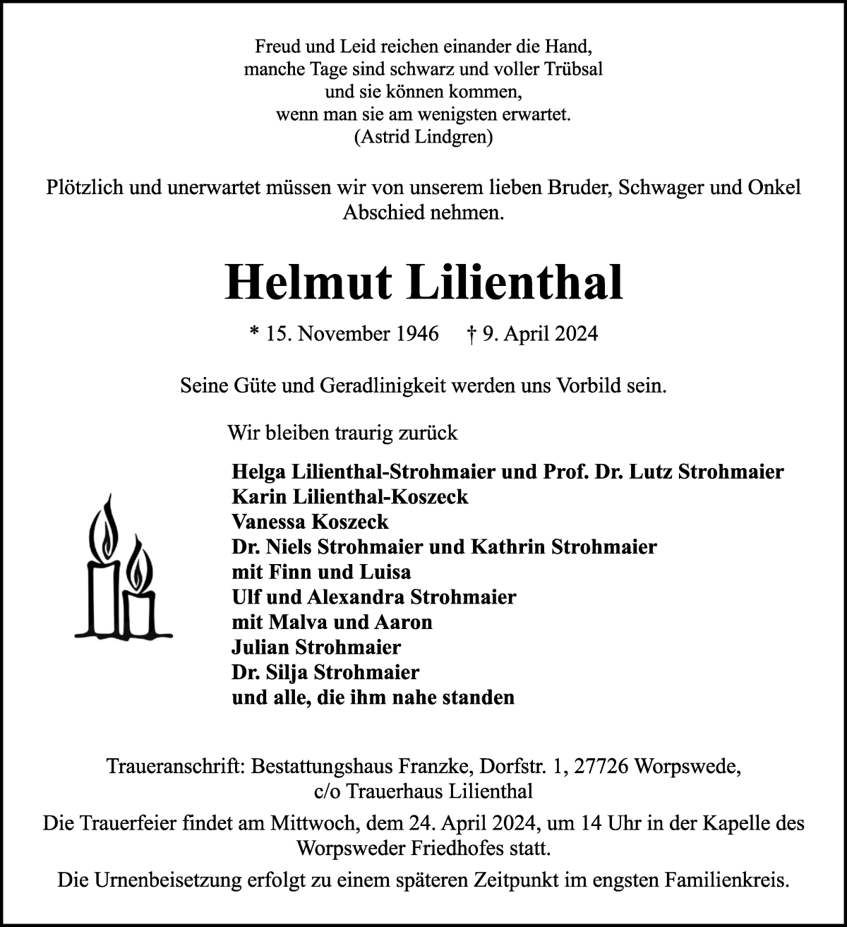 Traueranzeige von Helmut Lilienthal von Wuemme Zeitung