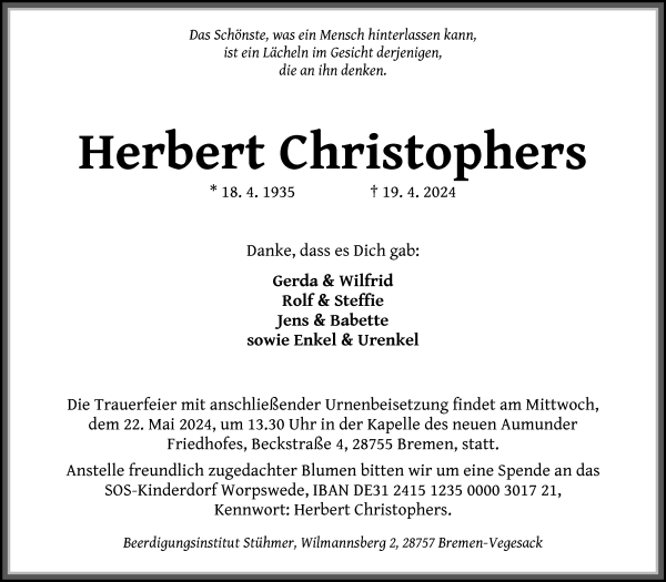 Traueranzeige von Herbert Christophers von Die Norddeutsche