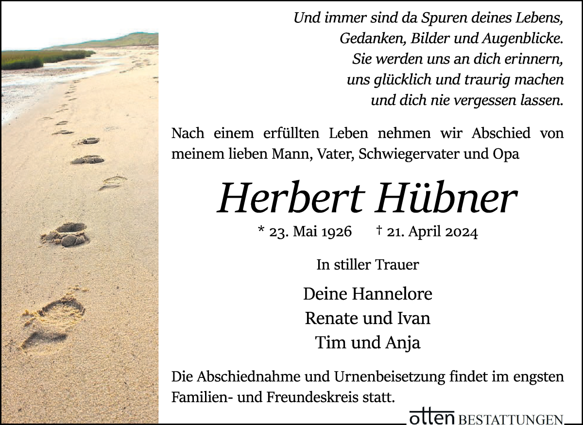 Traueranzeige von Herbert Hübner von Osterholzer Kreisblatt