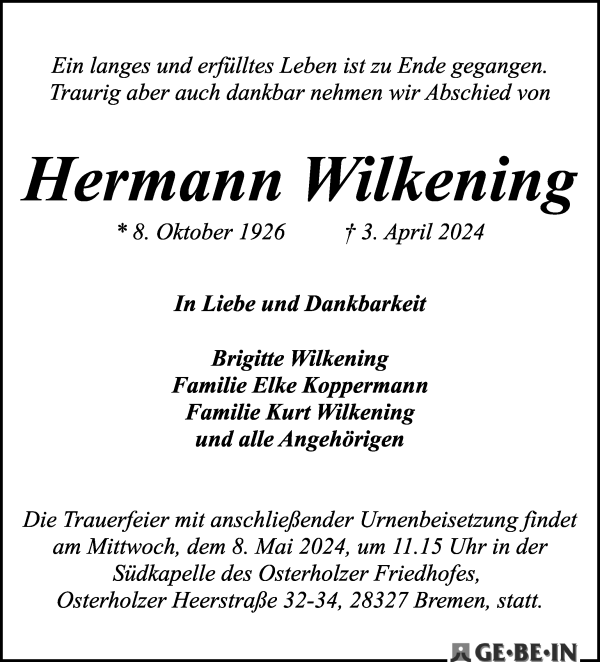 Traueranzeige von Hermann Wilkening von WESER-KURIER