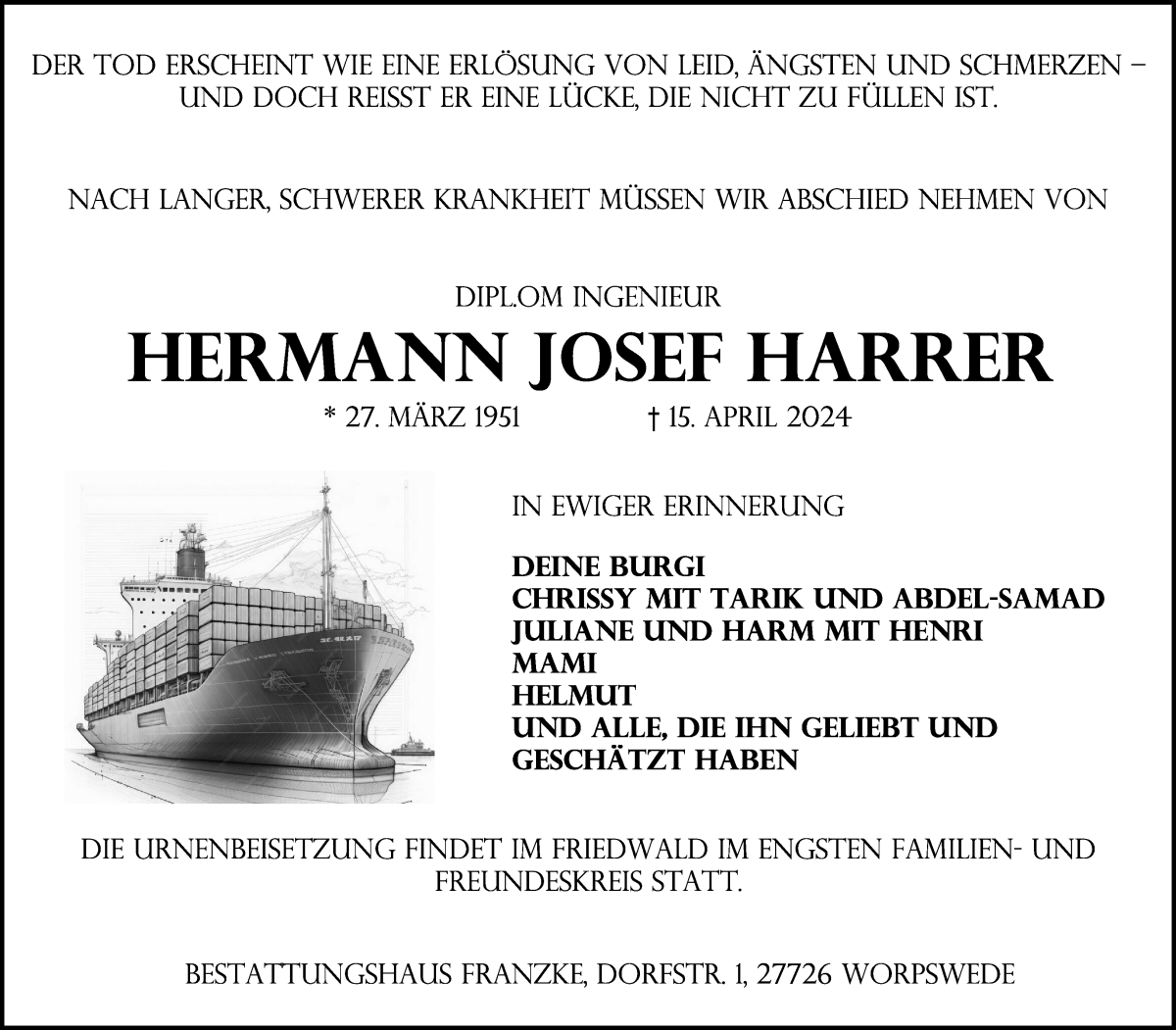 Traueranzeige von Hermann Josef Harrer von Wuemme Zeitung