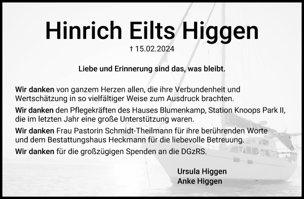 Traueranzeige von Hinrich Eilts Higgen