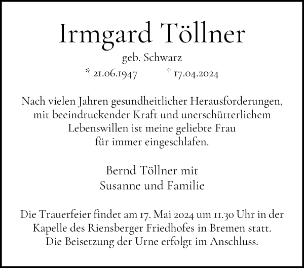 Traueranzeige von Irmgard Töllner von WESER-KURIER