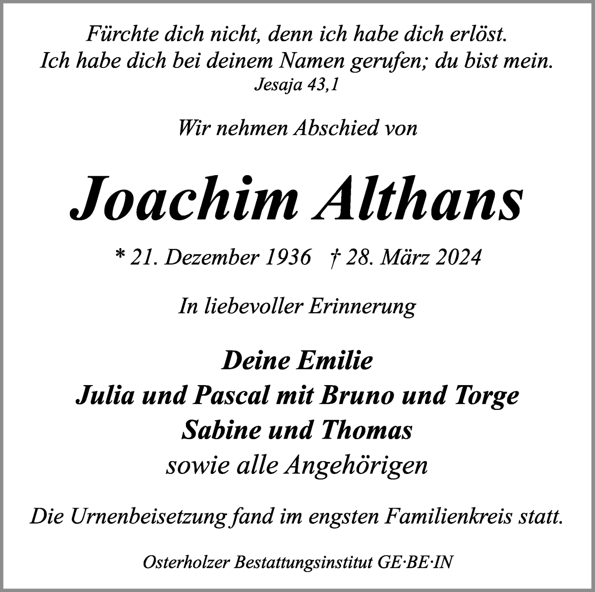 Traueranzeige von Joachim Althans von WESER-KURIER