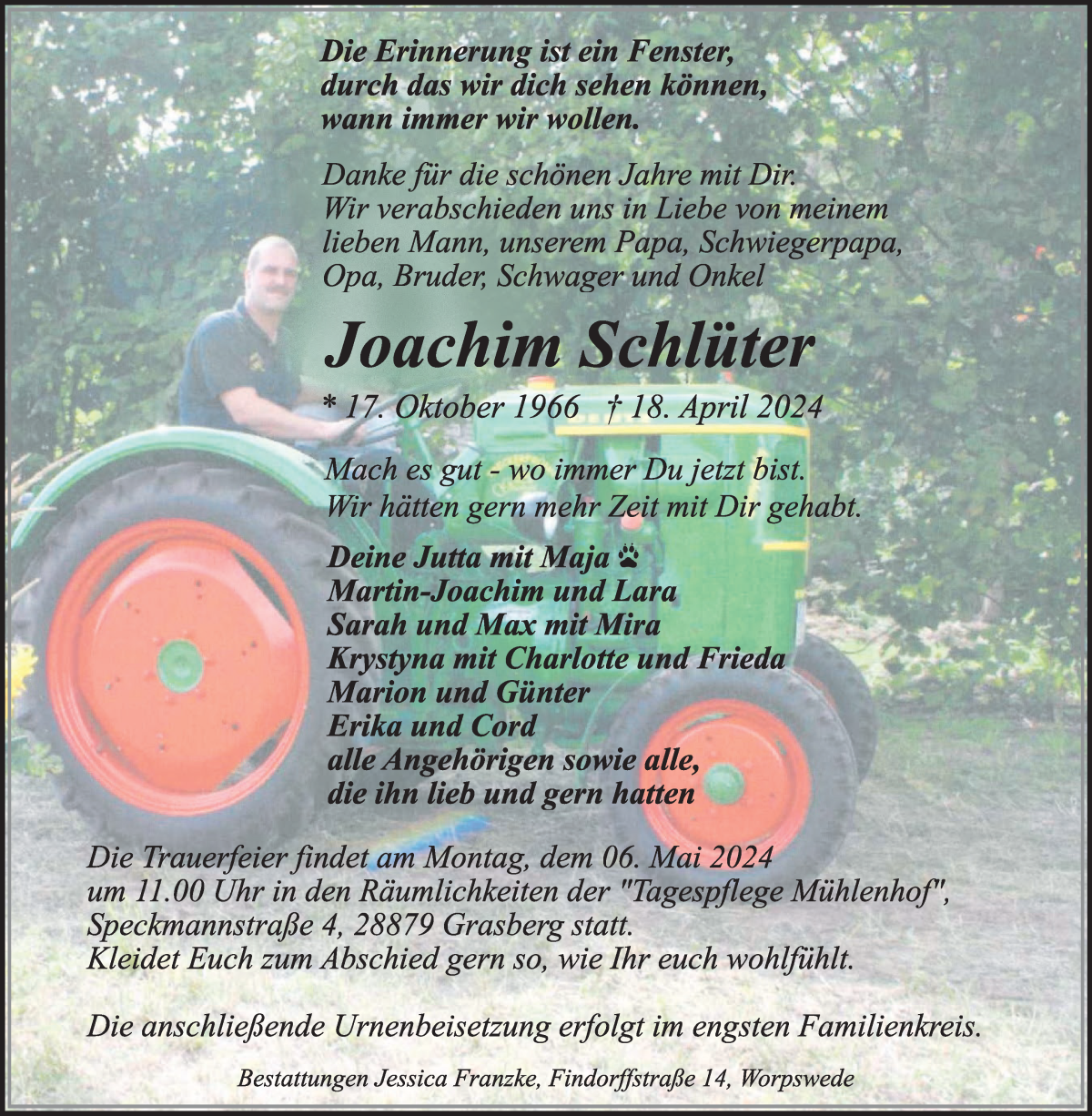 Traueranzeige von Joachim Schlüter von Wuemme Zeitung