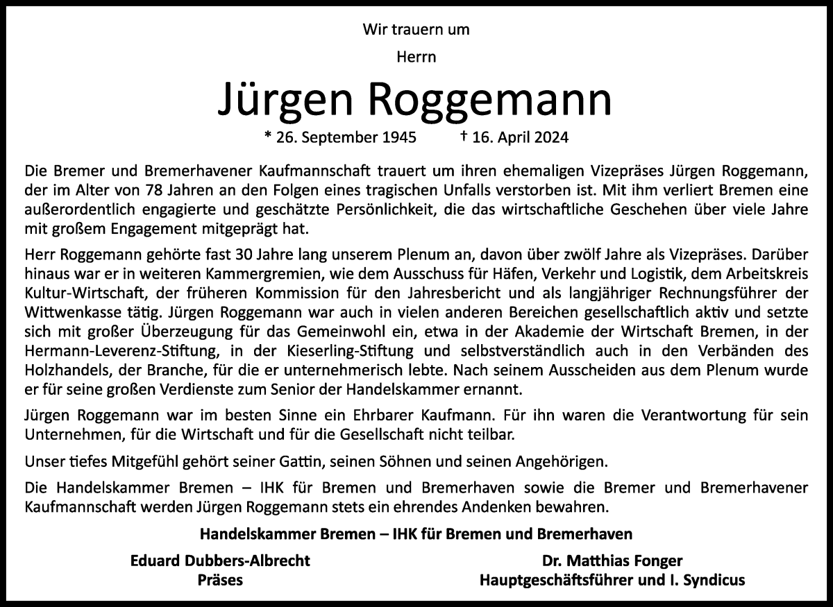 Traueranzeige von Jürgen Roggemann von WESER-KURIER