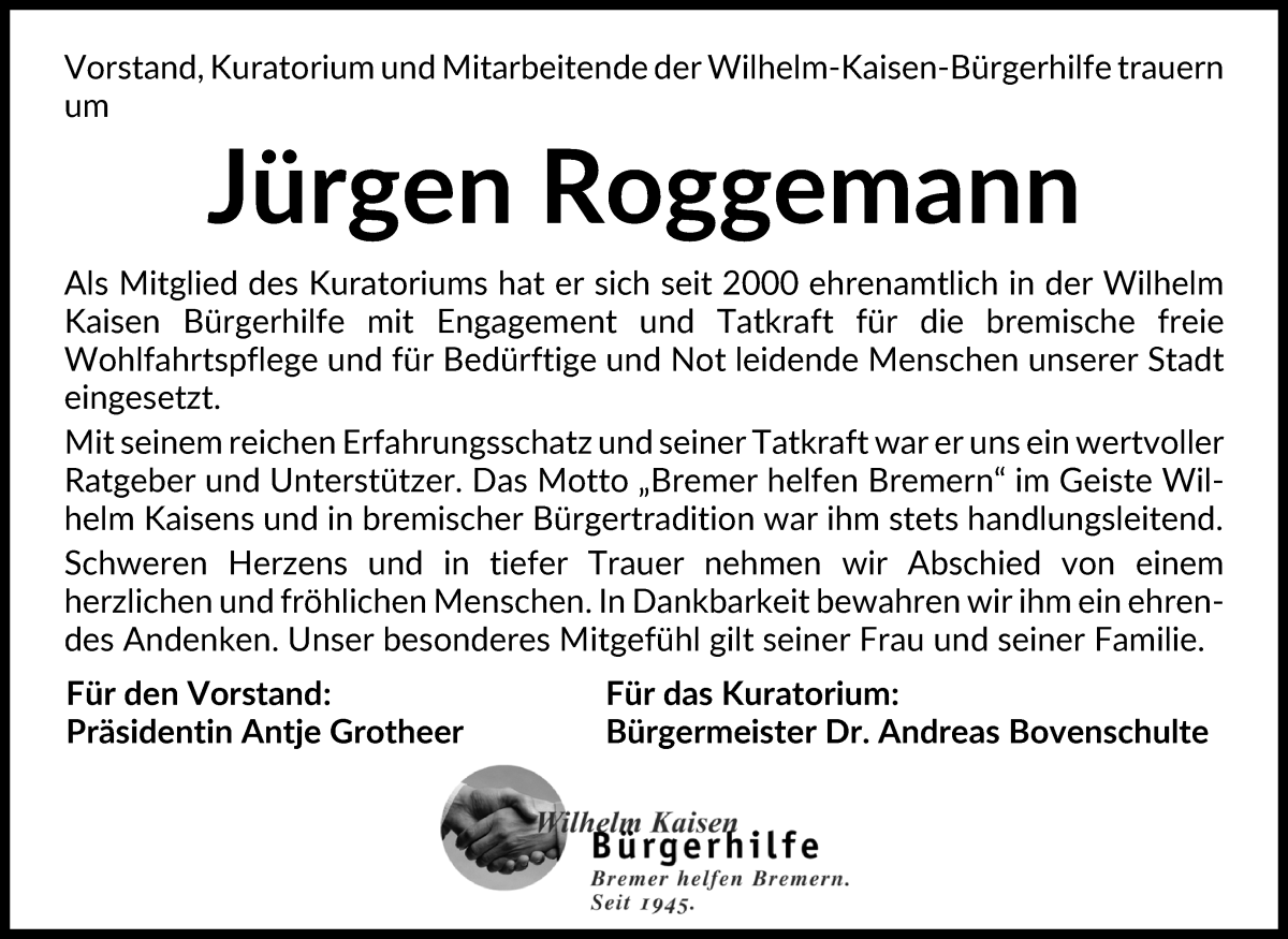 Traueranzeige von Jürgen Roggemann von WESER-KURIER