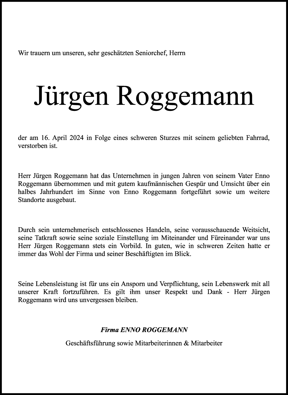 Traueranzeige von Jürgen Roggemann von Delmenhorster Kurier