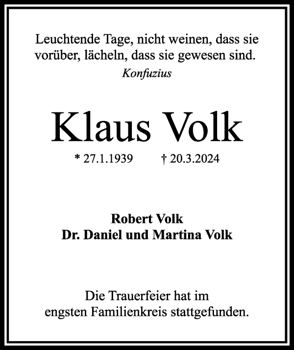 Traueranzeige von Klaus Volk von WESER-KURIER