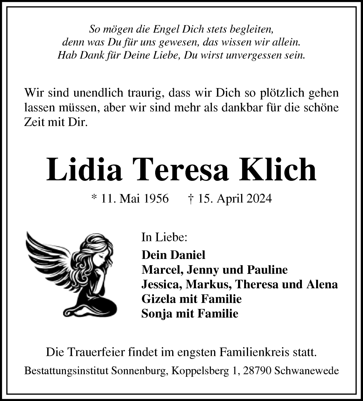 Traueranzeige von Lidia Teresa Klich von Die Norddeutsche