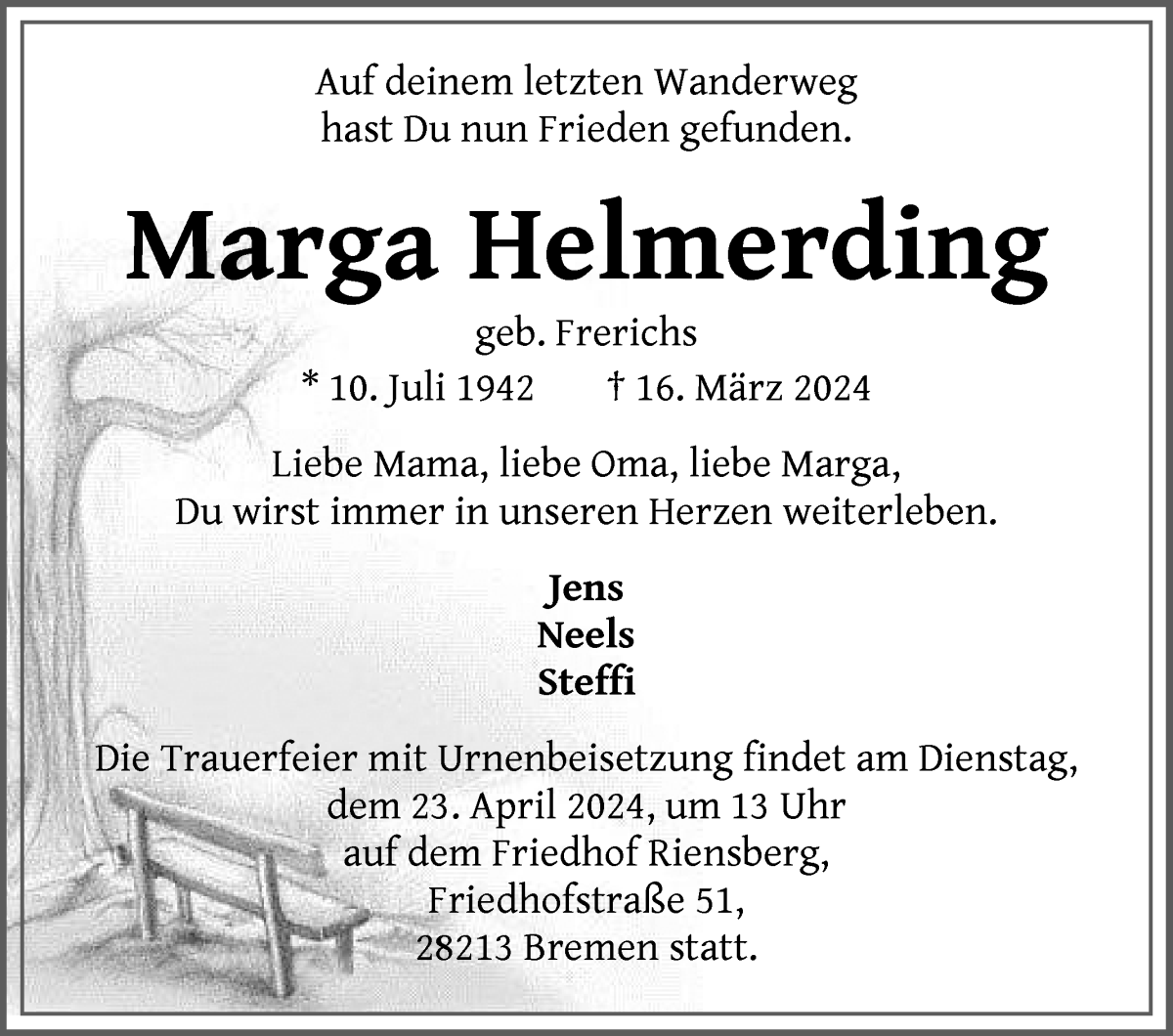 Traueranzeige von Marga Helmerding von WESER-KURIER