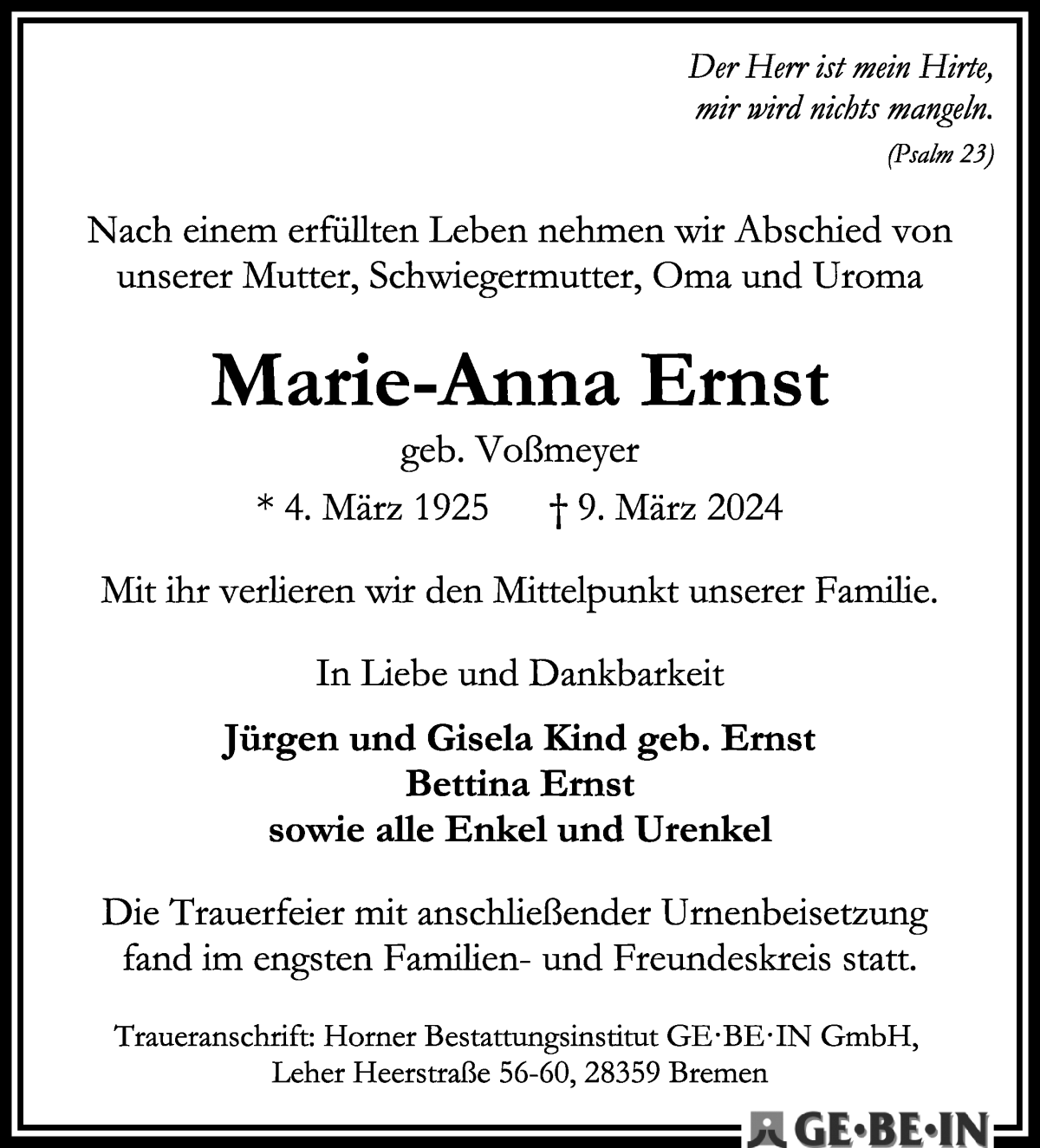 Traueranzeige von Marie-Anna Ernst von WESER-KURIER