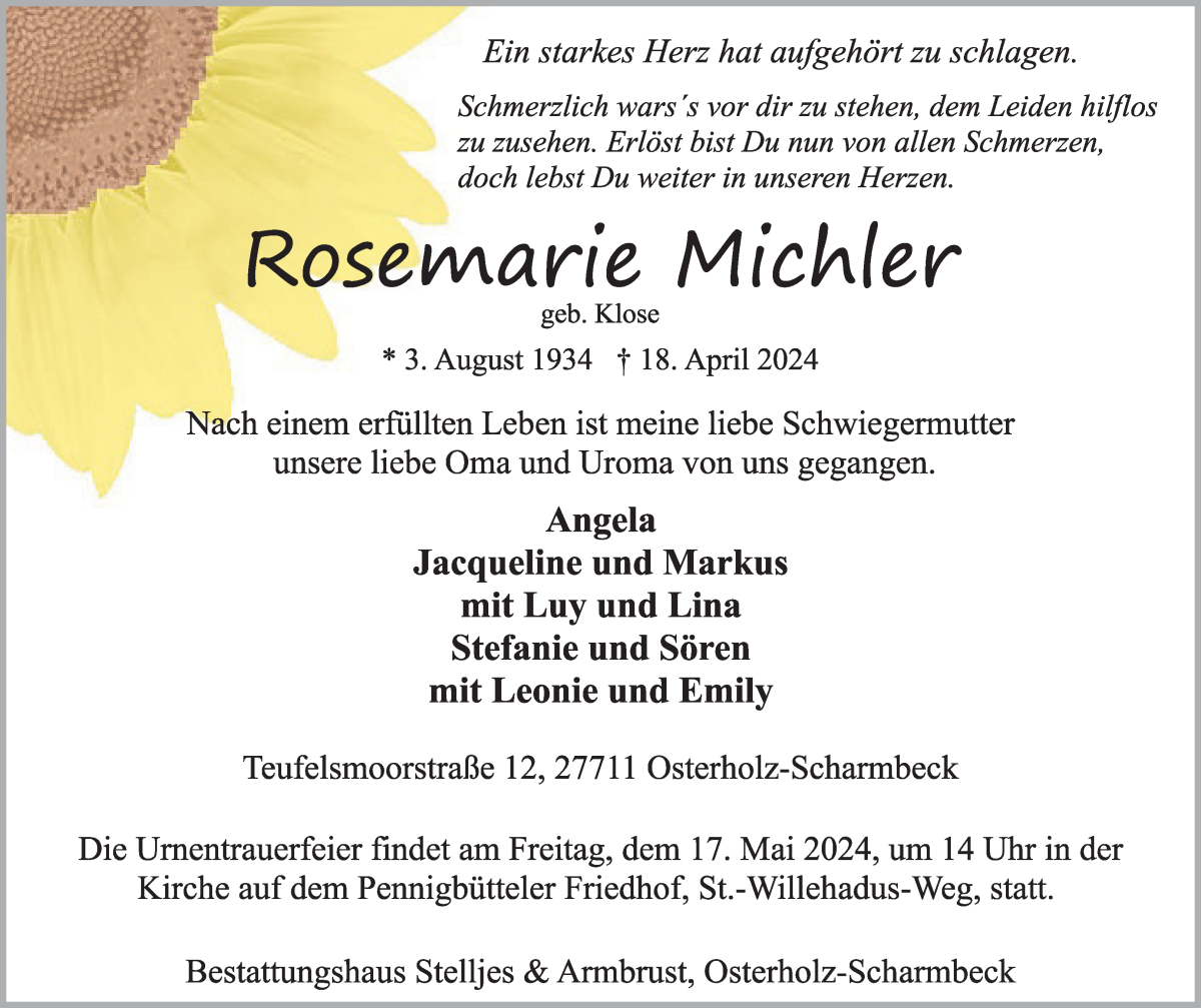 Traueranzeige von Rosemarie Michler von Osterholzer Kreisblatt