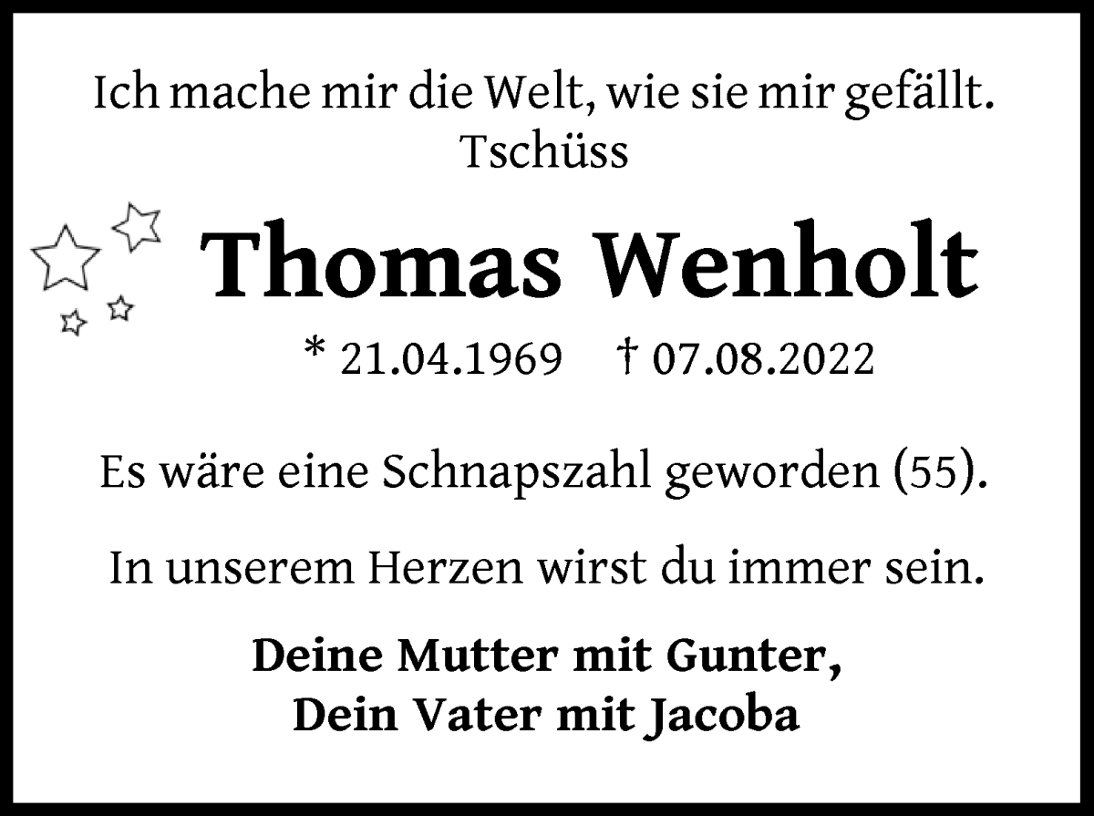 Traueranzeige von Thomas Wenholt von WESER-KURIER
