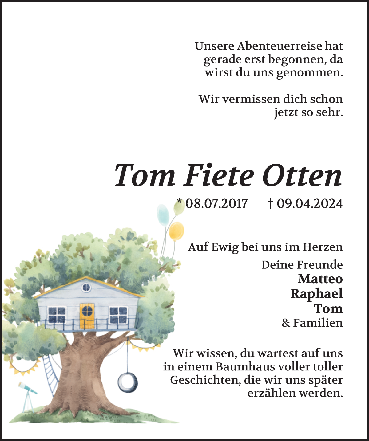 Traueranzeige von Tom Fiete Otten von Regionale Rundschau/Syker Kurier