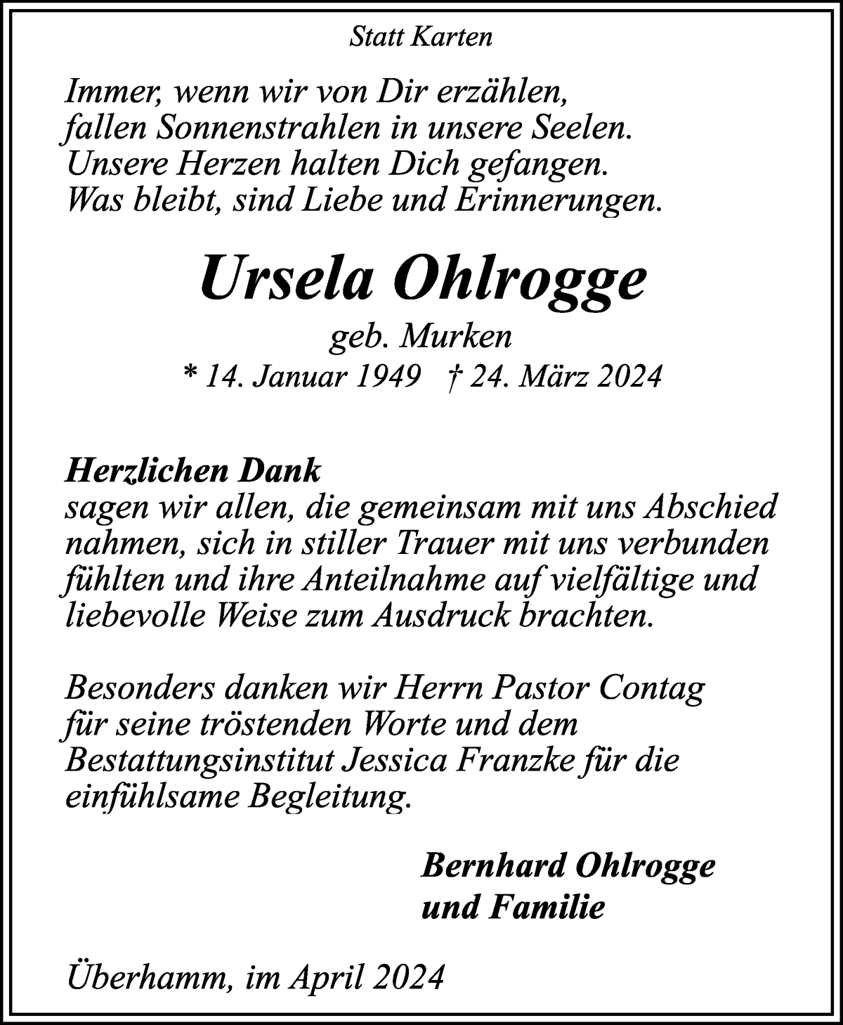 Traueranzeige von Ursula Ohlrogge von WESER-KURIER