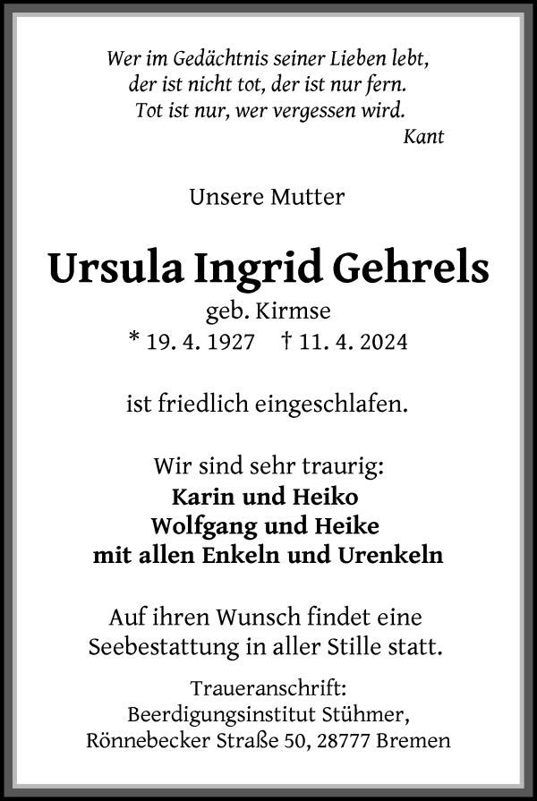 Traueranzeige von Ursula Ingrid Gehrels von WESER-KURIER