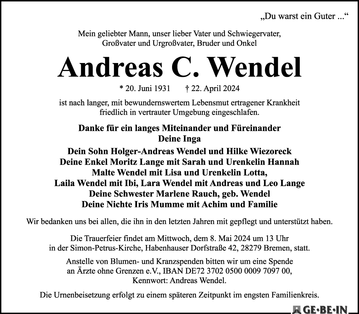 Traueranzeige von Andreas C. Wendel von WESER-KURIER